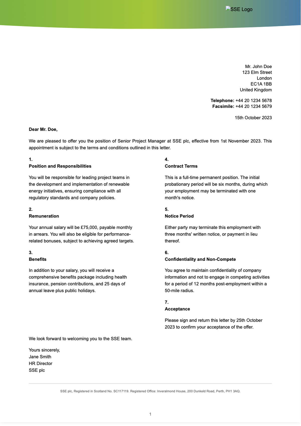 Formal corporate appointment letter from SSE Plc to Richard Gillingwater for Chairman role dated_variant_2